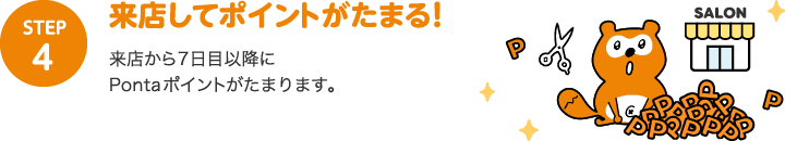 STEP4：来店してポイントがたまる！来店から7日目以降にPontaポイントがたまります。