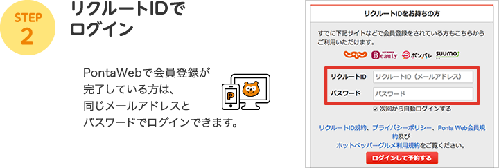 STEP2：リクルートIDでログイン（PontaWebで会員登録が完了している方は、同じメールアドレスとパスワードでログインできます。）