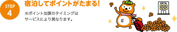STEP4：宿泊してポイントがたまる！※ポイント加算のタイミングはサービスにより異なります。