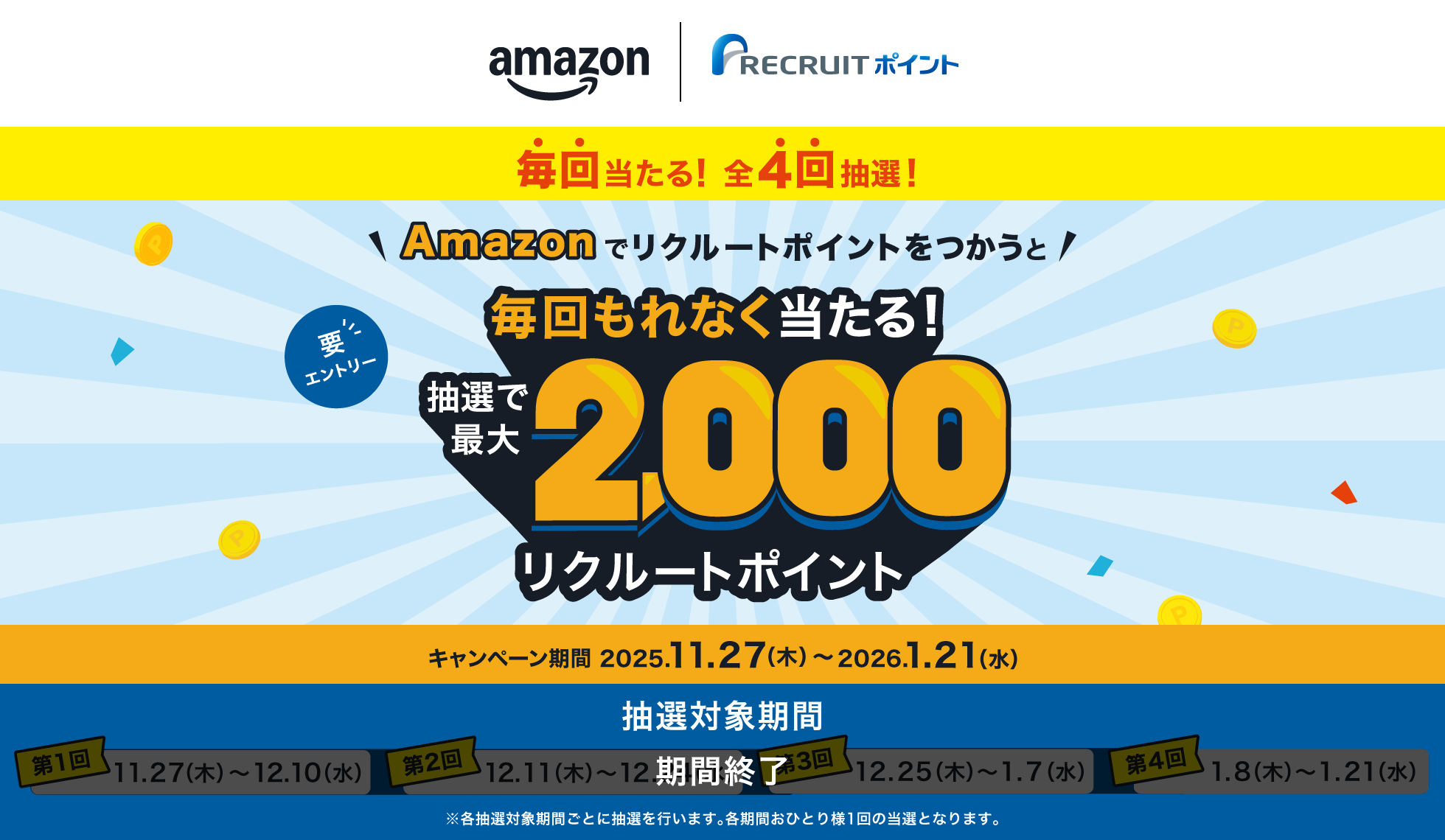 Amazonでリクルートポイントをつかうと抽選で最大2,000リクルートポイント毎回もれなく当たる！